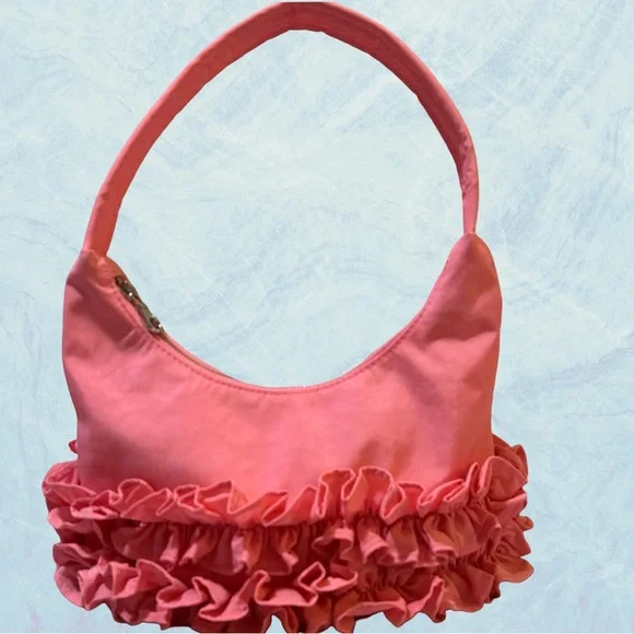 EUC. MOLLY GODDARD X BAGGU RUFFLE PINK SHOULDER BAG. SOLD OUT.ATTACHED KEY STRAP - Picture 8 of 16